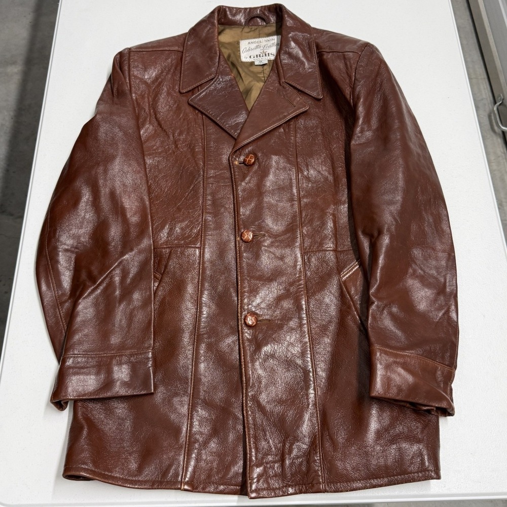 Grais Cabretta Leather Car Coat Mens 38 Reg Brown Good Vintage 70s Angel Skin